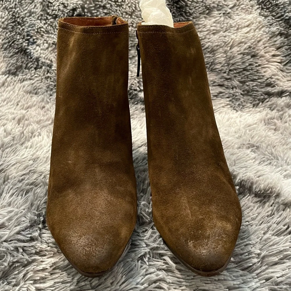 Olive Suede Ankle Boots with Side Zip - Women's